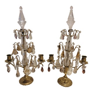 Antique Late 19th Century French Brass Girandoles With Glass Prism Pendants - a Pair For Sale