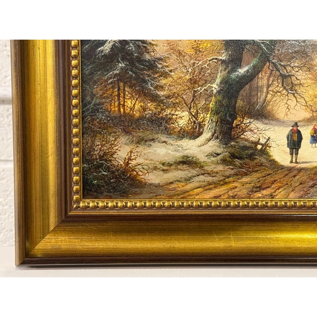 Textile Vintage Rural Landscape Snow Scene "Winter Cold, Farm Idyll" by German Artist 1970 Circa For Sale - Image 7 of 15