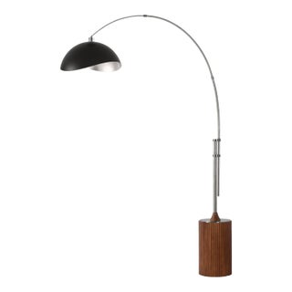 1980s Tambo Luna 1-Light Arc Floor Lamp - 92" Mid Century Modern, Satin Nickel, Dark Walnut Base, Matte Black/Silver Shade For Sale