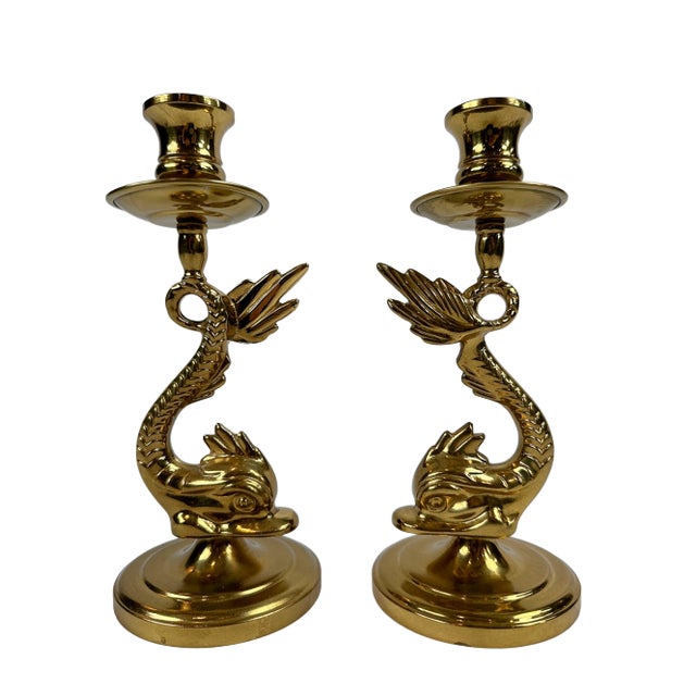 Late 20th Century 20th Century Brass Brighton Dolphin Neoclassical Candle Holders - a Pair For Sale - Image 5 of 7