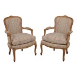 Pair MGM French Louis XV Upholstered Bergere Chairs For Sale