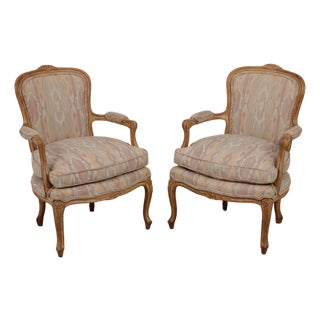 Pair MGM French Louis XV Upholstered Bergere Chairs For Sale