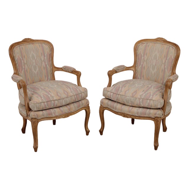 Pair MGM French Louis XV Upholstered Bergere Chairs For Sale