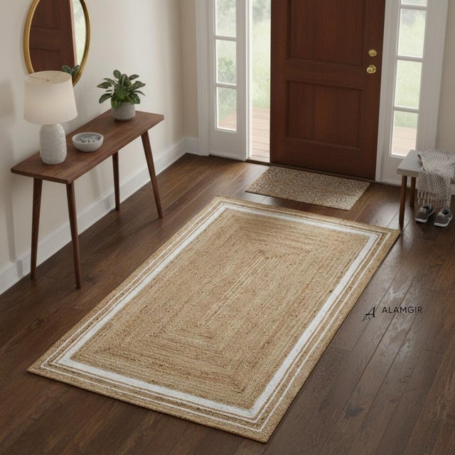 Mid-Century Modern Handwoven Organic Natural Jute Area Rug With Ivory Framed Border For Sale - Image 3 of 10