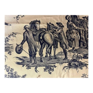 Vintage French Blue and White Toile De Jouy Fabric Panel With Country Scenes of Hot Air Balloons and Horses For Sale