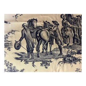 Vintage French Blue and White Toile De Jouy Fabric Panel With Country Scenes of Hot Air Balloons and Horses