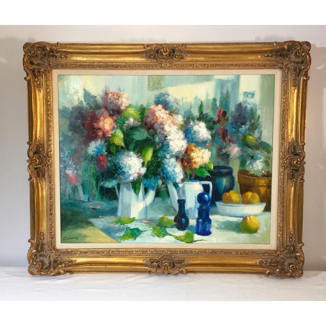 Vintage Still Life With Flowers Oil Painting by Manuel Cuberos For Sale - Image 12 of 12