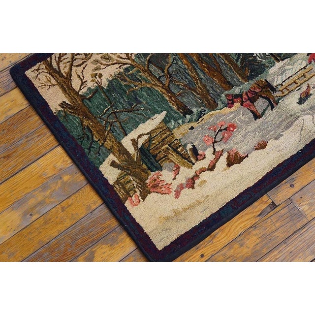 1950s Multicolor Scene Pictorial Vintage American Hooked Rug 1'10" X 2'10" Handknotted Wool Carpet For Sale - Image 4 of 7