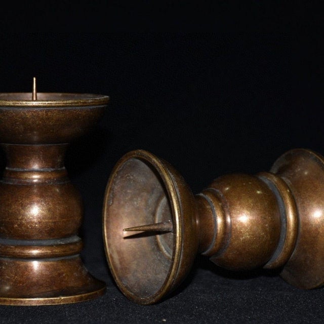 Early 21st Century Pair of Bronze Candle Holders — Curved Dish & Trumpet Base, Aged Patina For Sale - Image 5 of 9