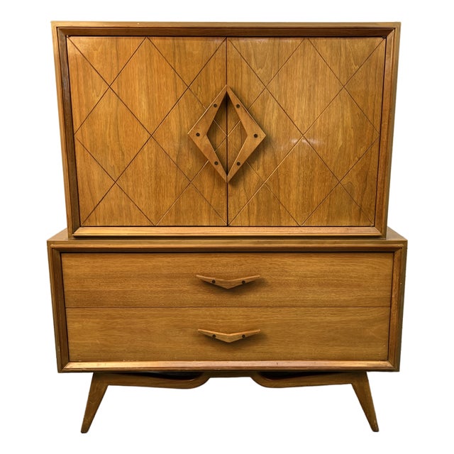 Unique Mid-Century Modern High-Boy Chest W/ Sculpted Handles For Sale