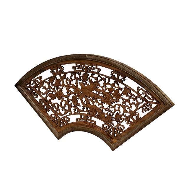 Chinese Fan Shape Birds Flowers Wood Wall Hanging Panel For Sale - Image 4 of 6