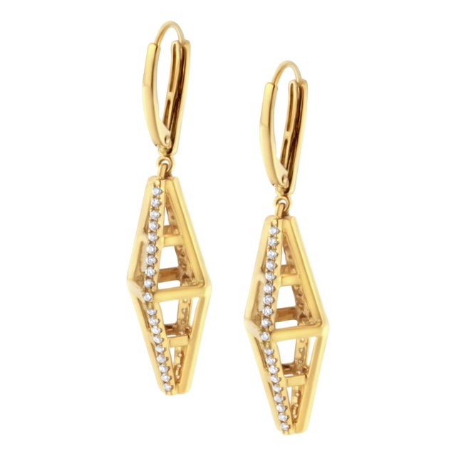 Contemporary 14K Yellow Gold 5/8 Cttw Diamond Geometrical Pillar Drop and Dangle Earrings (G-H Color, SI1-SI2 Clarity) For Sale - Image 3 of 5
