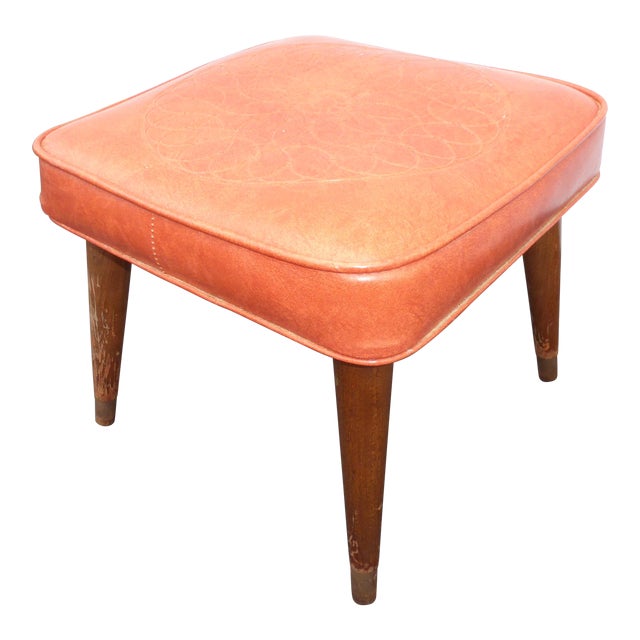 Vintage Mid Century Modern Orange Foot Stool With Embossed Vinyl Chairish