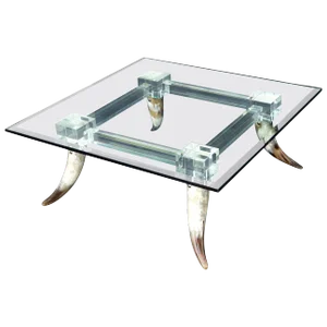 Bull Horns Shaped to Legs Lucite Stretchers Base Square Glass Top Coffee Table