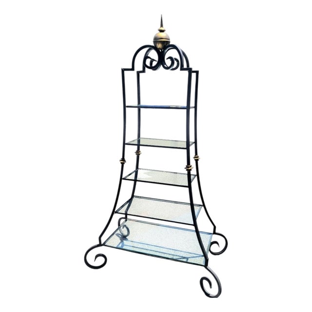 Vintage French Iron Pagoda Glass Shelf Graduated Étagère - Maison Jansen Style For Sale