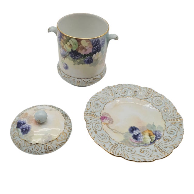 Late 19th Century Antique T&v Limoges Hand Painted Blackberry Condensed Milk Jar With Saucer For Sale - Image 5 of 11