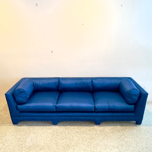 Mid-Century Modern 1980s Art Deco Chinoiserie Style Royal Blue Allover Upholstered 3-Seater Sofa For Sale - Image 3 of 16