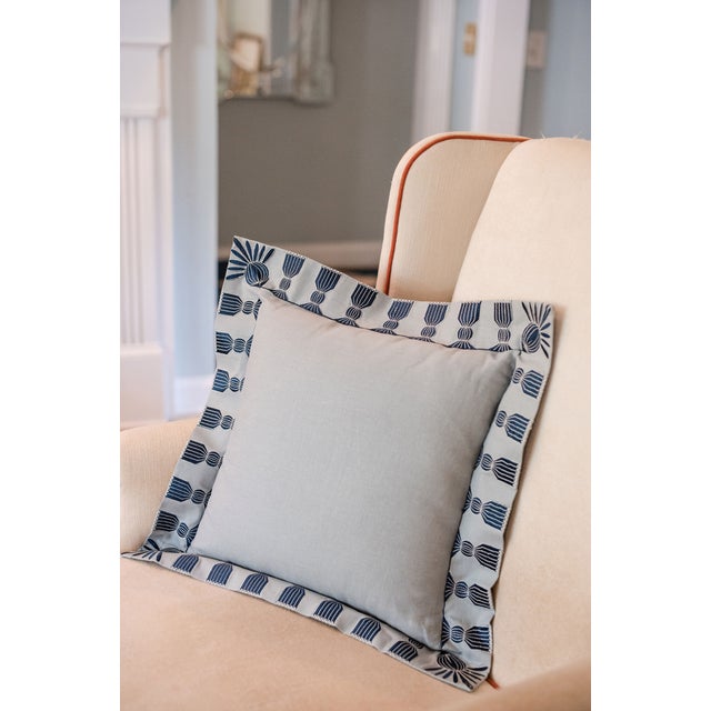 Navy Blue Tassel Embroidered Linen Pillow, Sky Blue & Navy, 24 "x 24", Pair For Sale - Image 8 of 11