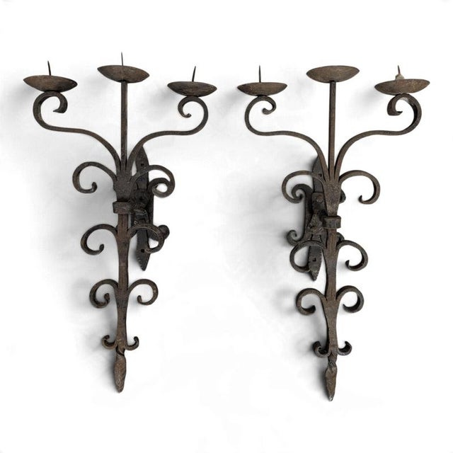 Three-Light Wrought Iron Wall Sconces, Set of 2 For Sale - Image 9 of 9