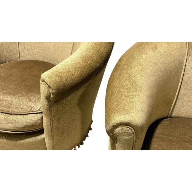Pair of Vintage Library Barrel Chairs in Dark Green Fabric For Sale - Image 4 of 6
