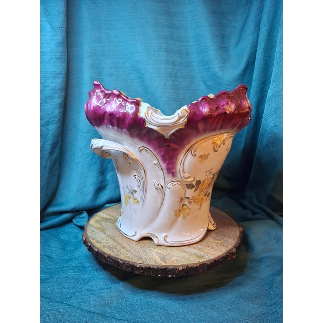 Antique Victorian Porcelain Jardinière Planter Centerpiece Yellow Roses Gold Gilt Plum 11" For Sale - Image 16 of 18