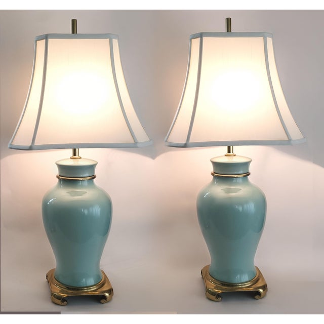1980s Lamps Pair Turquoise Porcelain & Brass Ginger Jar Shape For Sale - Image 5 of 12