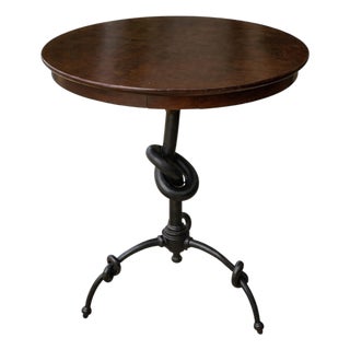 Mid-Century Italian Walnut Bistro / Side Table W/ Hand Forged Iron Knot Base For Sale