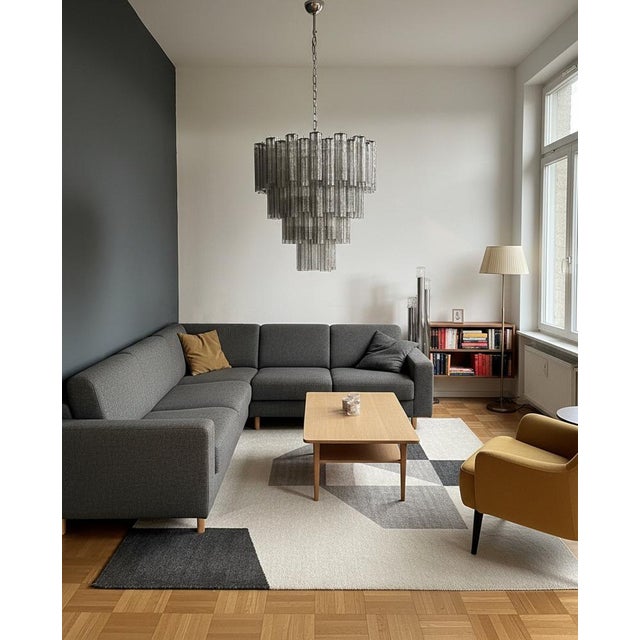 Mid-Century Modern Large Vintage Murano Glass Tiered Chandelier with Smoked Glass Tube, 1990s For Sale - Image 3 of 16