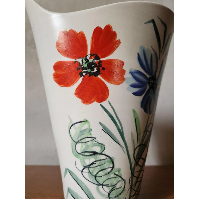 Vintage French Wide Neck Vase with Hand-Painted Flowers and Yellow Interior from Vallauris, 1960s For Sale - Image 4 of 11