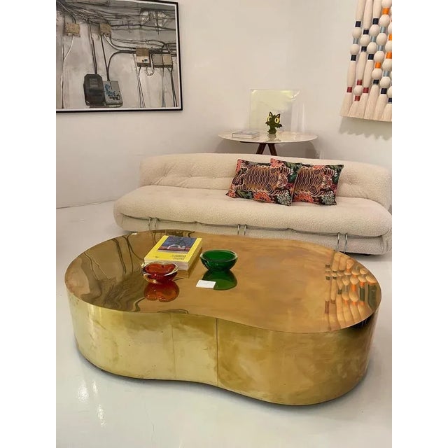 Curved Coffee Table with Wooden Structure Covered in Brass For Sale - Image 9 of 10