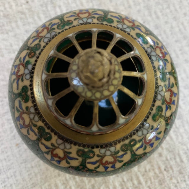 1960s Vintage Chinese Cloisonné Covered Jar or Incense Pot, Phoenix Motif, Hand-Enameled Brass For Sale - Image 5 of 9