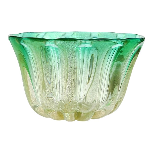 Vintage Midcentury Murano Gold Flecks Green Sommerso Italian Art Glass Decorative Bowl Vase For Sale