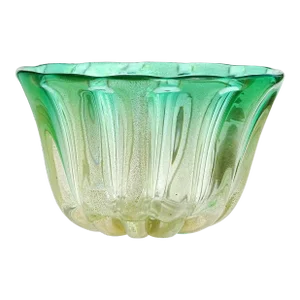 Vintage Midcentury Murano Gold Flecks Green Sommerso Italian Art Glass Decorative Bowl Vase