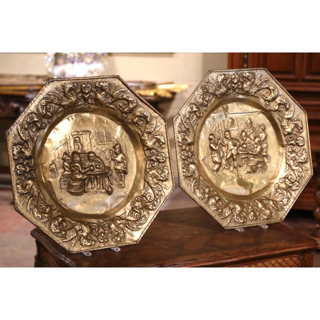 Late 19th Century Pair of 19th Century French Repoussé Copper Tavern Scene Wall Chargers For Sale - Image 5 of 12