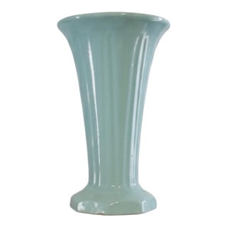 “Rare Art Deco Zanesville Stoneware Trumpet Vase, Speckled Aqua-Glaze, C. 1925–1935” For Sale