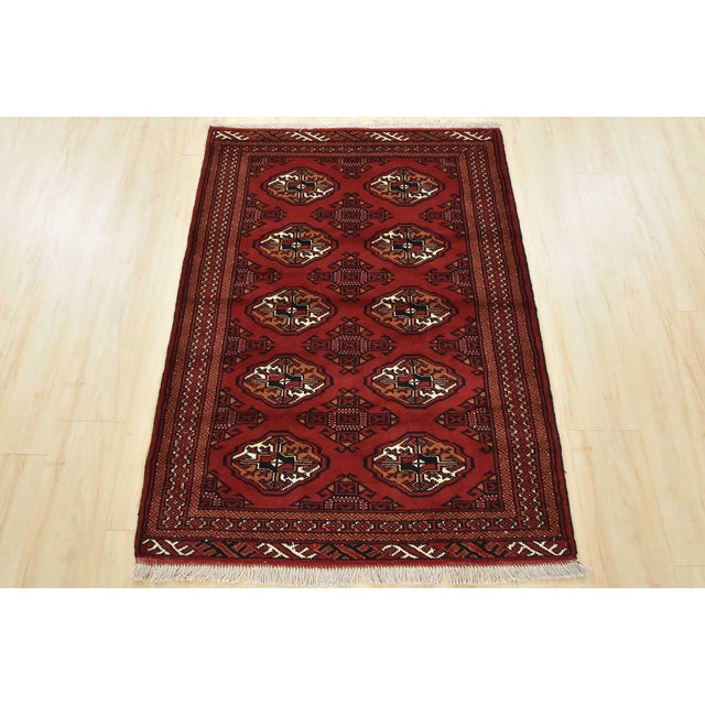 Tribal Turkmen Rug 3'4'' X 4'9'' Red Wool Vintage Tribal Hand-Knotted Oriental Carpet For Sale - Image 3 of 12