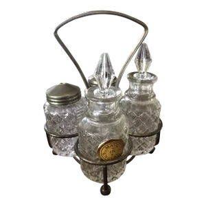 Vintage Sheffield Glass Cruet Set Oil, Vinegar, Salt & Pepper Set- 5 Pieces