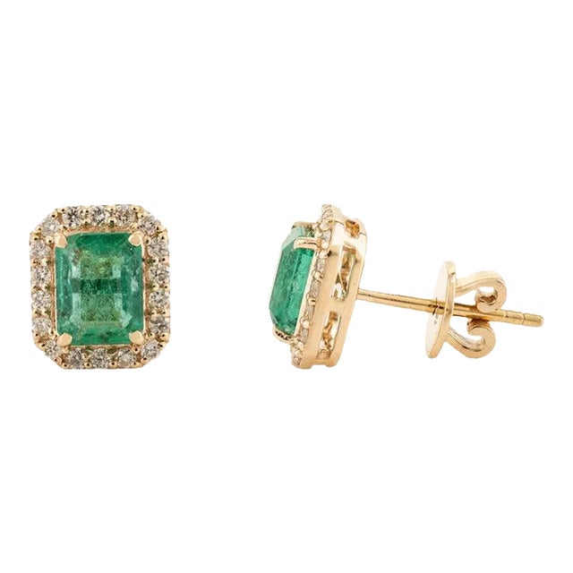 Emerald Halo Diamond Stud Earrings - 2 Pieces For Sale