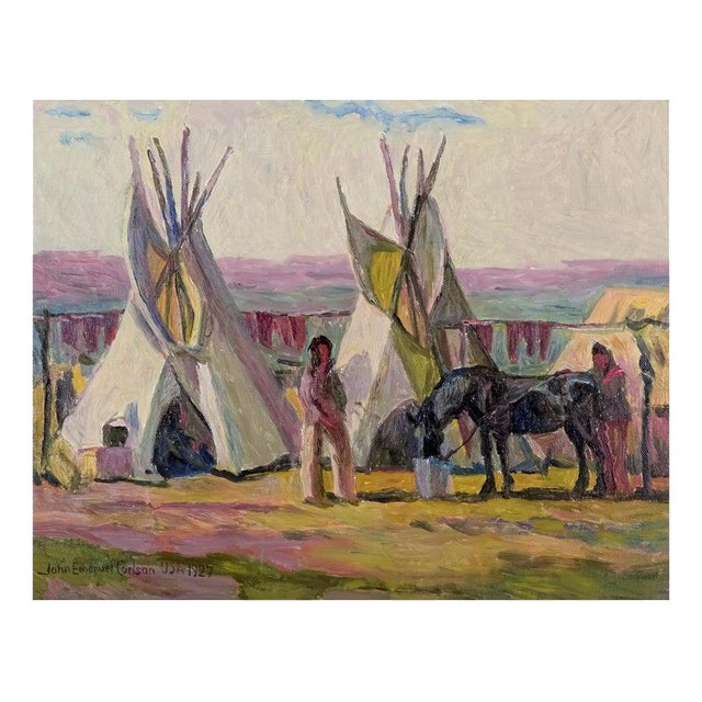 John E. Carlson, View of Camp with Natives, 1927, Oil Painting For Sale