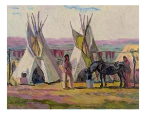 John E. Carlson, View of Camp with Natives, 1927, Oil Painting
