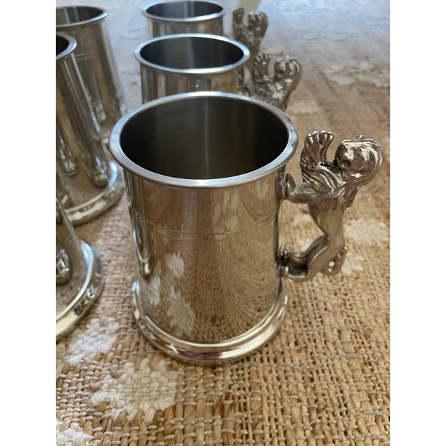 1990s Lion Handle One Pint Pewter Tankard Mugs Handmade in Sheffield England - Set of 6 For Sale In Chicago - Image 6 of 12