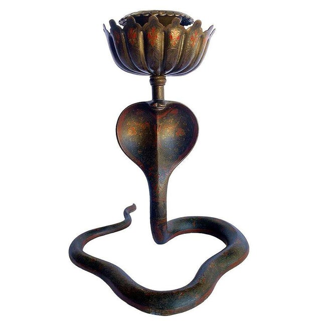 20th Century Hand Etched Persian Cobra Brass and Bronze Candle Holders, Pair For Sale - Image 4 of 12