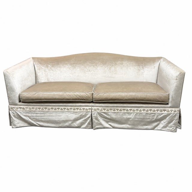 Design Plus Gallery presents a Sofa from Baker Furniture. Reupholstered in silver-toned silk velvet, the sofa has a gently...