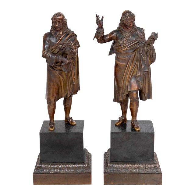 French "Moliere" and "Cornielle" Patinated Bronzes - Set of 2 For Sale