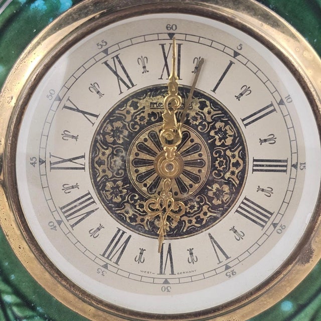 Vintage West German Green & Turquoise Ceramic Mantel Clock, Baroque Rococo Style For Sale - Image 4 of 13