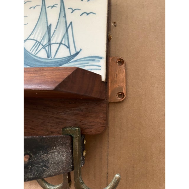 Antique Pot Holder or Coat Rack With 4 Delft Like Blue and White Tiles - Handmade and Mounts on Wall For Sale In Chicago - Image 6 of 13