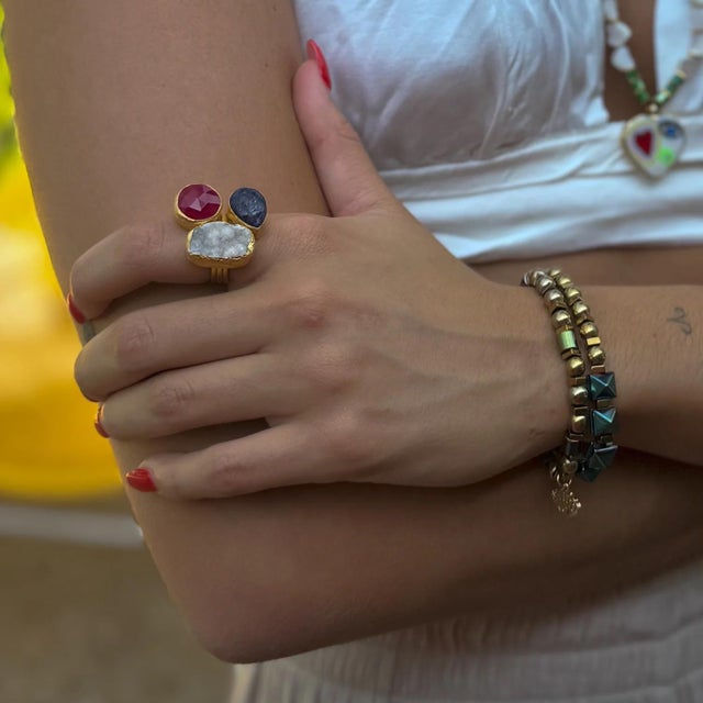 Contemporary Energized Harmony Ruby, Quartz & Amethyst Adjustable Gemstone Ring, Size 4 For Sale - Image 3 of 11