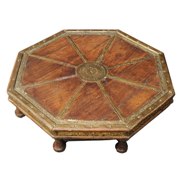 Wood Antique Octagonal Low Hardwood Eastern Table with Decorative Brass Trims, 1890s For Sale - Image 7 of 12