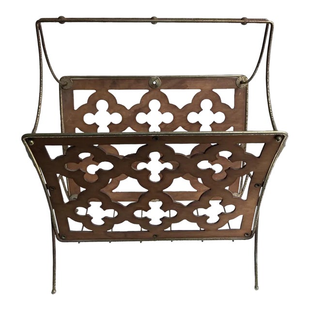 Mid Century Modern Quatrefoil Wood & Metal Magazine Rack For Sale