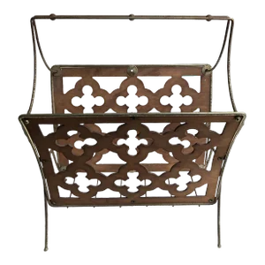 Mid Century Modern Quatrefoil Wood & Metal Magazine Rack